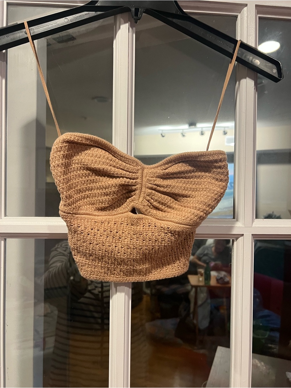 American Eagle Outfitters Knit Ruched Spaghetti-Strap Crop Top in Camel
